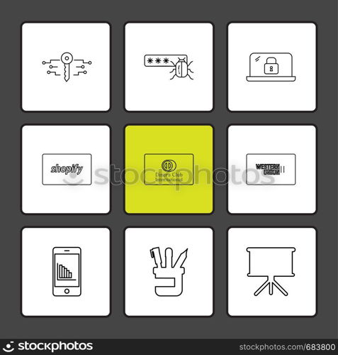 key , password bug , lock , shopify , club card ,western union , mobile , pen , board , icon, vector, design, flat, collection, style, creative, icons