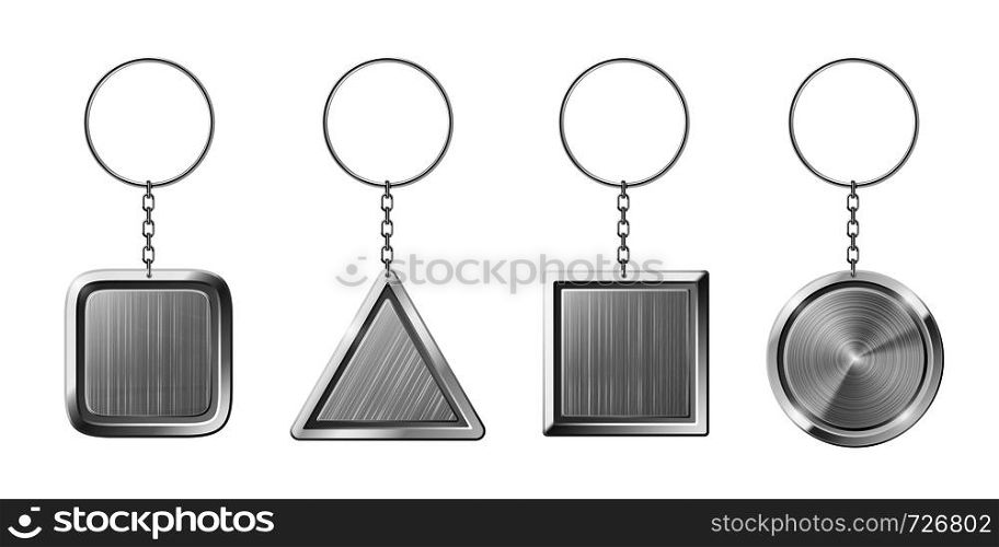 Key ring with silver pendant holder. Blank keychain with ring for keys. Isolated circle triangle square key chains for home on steel key holder or car keys 3d realistic isolated vector set. Key ring with silver pendant holder. Blank keychain with ring for keys. Isolated key chains for home or car keys realistic vector set