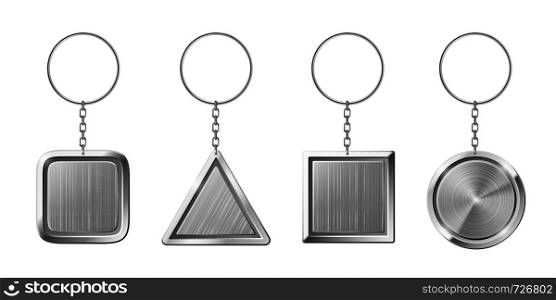 Key ring with silver pendant holder. Blank keychain with ring for keys. Isolated circle triangle square key chains for home on steel key holder or car keys 3d realistic isolated vector set. Key ring with silver pendant holder. Blank keychain with ring for keys. Isolated key chains for home or car keys realistic vector set