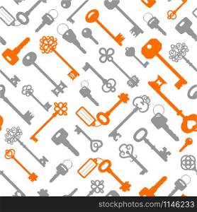 Key seamless pattern in modern colors, grey and orange, vector illustration. Key seamless pattern in modern colors