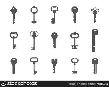 Key silhouettes. Antique and modern graphic template for logo design. House safety concept. Isolated gray latchkey signs set. Decorative secret symbols. Home security. Vector door access icons mockup. Key silhouettes. Antique and modern graphic template for logo design. House safety concept. Gray latchkey signs set. Decorative secret symbols. Home security. Vector door access icons