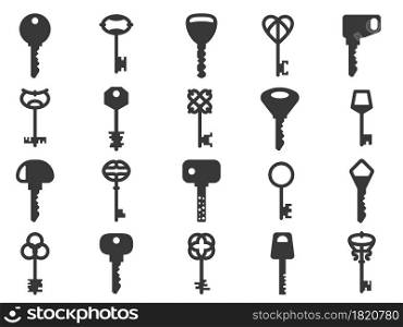 Key silhouettes. Black vintage and modern shapes, retro and contemporary design forms, monochrome pictograms, home door security. Design and decor elements. Vector isolated on white background set. Key silhouettes. Black vintage and modern shapes, retro and contemporary design forms, monochrome pictograms, home door security. Design and decor elements. Vector isolated set
