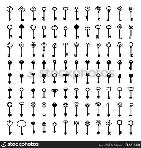 Key silhouettes. Vintage house keys, retro safe key and security access silhouette icon vector set. Collection of classic antique and modern items decorated by filigree or decorative design elements.. Key silhouettes. Vintage house keys, retro safe key and security access silhouette icon vector set