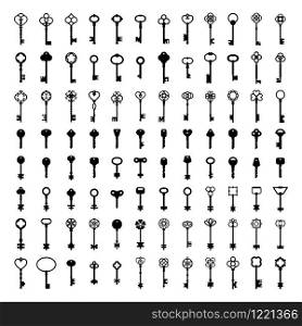 Key silhouettes. Vintage house keys, retro safe key and security access silhouette icon vector set. Collection of classic antique and modern items decorated by filigree or decorative design elements.. Key silhouettes. Vintage house keys, retro safe key and security access silhouette icon vector set