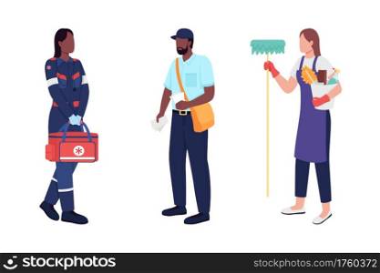 Key workers flat color vector faceless character set. Paramedic, postman and janitor. Public service employees isolated cartoon illustration for web graphic design and animation collection. Key workers flat color vector faceless character set