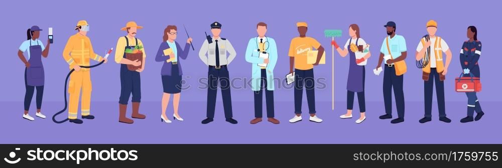 Key workers flat color vector faceless characters. Work staff. Diverse employees. Medical worker, farmer, teacher. Essential service isolated cartoon illustration for web graphic design and animation. Key workers flat color vector faceless characters