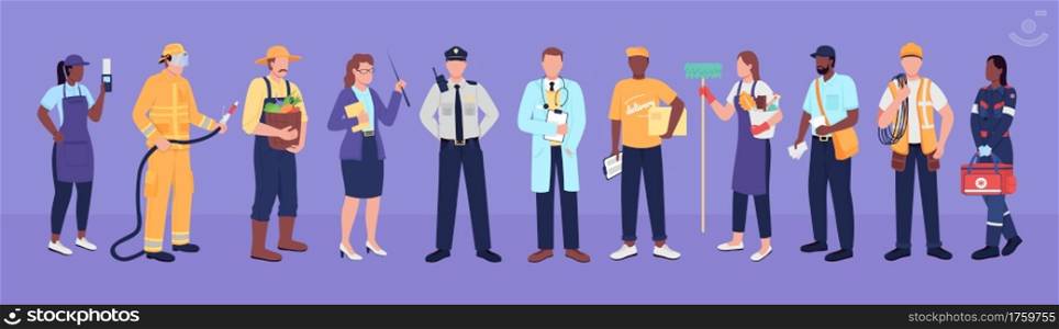 Key workers flat color vector faceless characters. Work staff. Diverse employees. Medical worker, farmer, teacher. Essential service isolated cartoon illustration for web graphic design and animation. Key workers flat color vector faceless characters