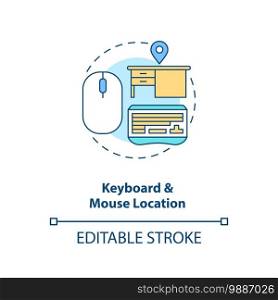 Keyboard and mouse location concept icon. Office ergonomics tip idea thin line illustration. Comfortable typing. Computer-related ailments. Vector isolated outline RGB color drawing. Editable stroke. Keyboard and mouse location concept icon