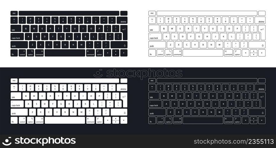 Keyboard computer. Keyboard laptop. Modern key buttons for pc. Black, white outline isolated on white black background. Icons of control, enter, qwerty, alphabet, numbers, shift, escape. Vector.
