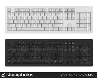 Keyboard. White and black keyboard for personal computer, modern pc keypad for write words english alphabet, keyboards realistic vector template set. Keyboard. White and black keyboard for personal computer, modern pc keypad for write words, keyboards realistic vector template