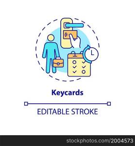 Keycards concept icon. Sensor reader on office door. Workplace security. Employee monitoring abstract idea thin line illustration. Vector isolated outline color drawing. Editable stroke. Keycards concept icon