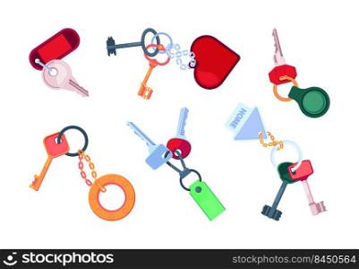 Keychain for keys. Property protection lock with colored keychains of different forms garish vector flat pictures collection set. Illustration of keychain and keyring. Keychain for keys. Property protection lock with colored keychains of different forms garish vector flat pictures collection set