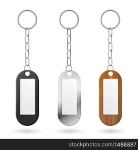 Keychain, holder trinket for key with metal chain and ring. Vector realistic template of black plastic, silver and wooden fobs with blank label for car, home or office key isolated on white background. Vector metal, plastic and wooden keychains