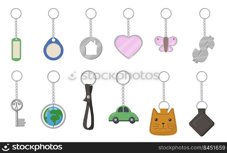 Keychains and keyrings set. Heart, butterfly, cat, car, earth shaped key fobs isolated on white background. Vector illustration for trinket, souvenir, opening door, property rent concept