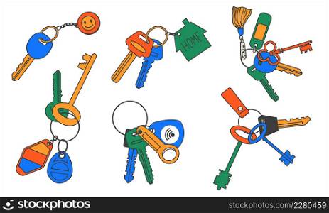 Keychains. Doodle key rings and pendants. Colorful latchkeys. Magnetic keyrings and NFC-tags. Isolated lock passkeys. Apartment door openers set. House privacy protection. Vector security concept. Keychains. Doodle key rings and pendants. Colorful latchkeys. Magnetic keyrings and NFC-tags. Isolated lock passkeys. Apartment door openers set. House protection. Vector security concept