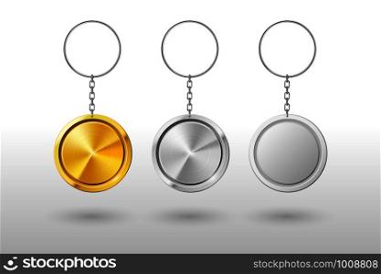 Keychains. Realistic metal and plastic round keyring holder. Rounded gold, chrome and steel door ring keyholder chain, home and car locked rings access or souvenir. Vector isolated icons mockup set. Keychains. Realistic metal and plastic round keyring holder. Vector mockup
