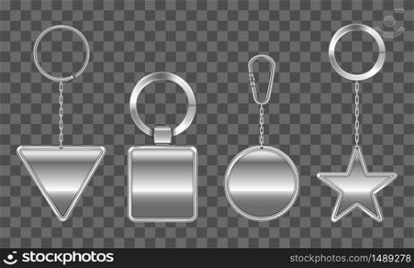 Keychains set. Metal round, square, triangle and star keyring holders isolated on transparent background. Silver colored accessories or souvenir pendants mock up. Realistic 3d vector icons, clip art. Keychains set. Metal round, square, triangle, star