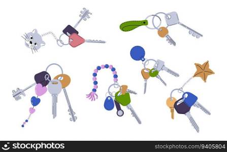 Keychains vector set.Collection of pendants in shape of bow, cat, hearts, chain. Trinkets, keyholders and keyrings collection.. Keychains vector set.Collection of pendants in shape of bow, cat, hearts, chain. T
