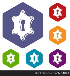 Keyhole icons vector colorful hexahedron set collection isolated on white. Keyhole icons vector hexahedron