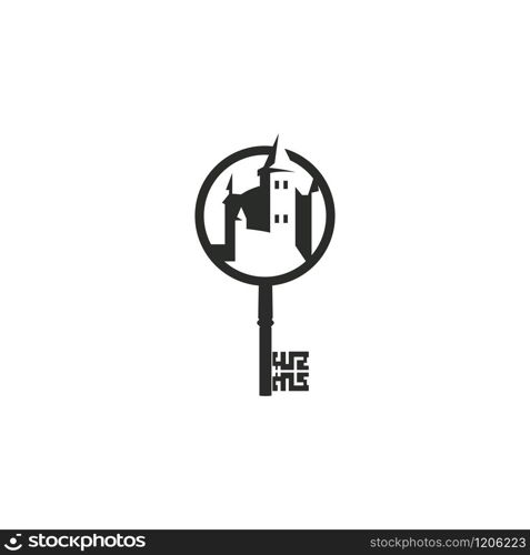 Keyhole with fort vector logo design. Security agency logo template. Guard systems emblem design with fort graphic.