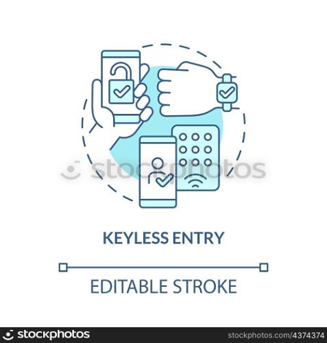 Keyless entry turquoise concept icon. Smart lockpad. Touchless system abstract idea thin line illustration. Isolated outline drawing. Editable stroke. Roboto-Medium, Myriad Pro-Bold fonts used. Keyless entry turquoise concept icon