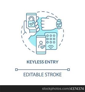 Keyless entry turquoise concept icon. Smart lockpad. Touchless system abstract idea thin line illustration. Isolated outline drawing. Editable stroke. Roboto-Medium, Myriad Pro-Bold fonts used. Keyless entry turquoise concept icon