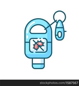 Keyring sanitizer blue RGB color icon. Keychain holder for tube with liquid soap. Pocket wash for hand sanitation. Gel in bottle for personal hygiene. Virus precaution. Isolated vector illustration. Keyring sanitizer blue RGB color icon