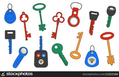 Keys and tags. Doodle magnetic latchkeys and NFC-tags. Vintage and modern access passkeys collection. House protection. Privacy security. Pass pendant. Home safety. Vector isolated door openers set. Keys and tags. Doodle magnetic latchkeys and NFC-tags. Vintage and modern access passkeys collection. House protection. Privacy security. Pass pendant. Vector home door openers set