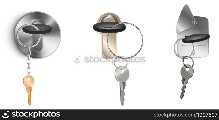Keys bunch on metal ring and keyhole isolated on white background. Vector realistic set of 3d holes in door lock, handle or padlock, locksmith tools for property safety. Keys bunch on metal ring and keyhole