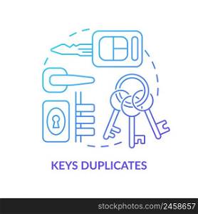 Keys duplicates blue gradient concept icon. Things to pack for evacuation. Emergency go bag abstract idea thin line illustration. Isolated outline drawing. Myriad Pro-Bold font used. Keys duplicates blue gradient concept icon