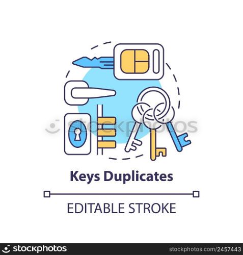 Keys duplicates concept icon. Things to pack for evacuation. Emergency go bag abstract idea thin line illustration. Isolated outline drawing. Editable stroke. Arial, Myriad Pro-Bold fonts used. Keys duplicates concept icon