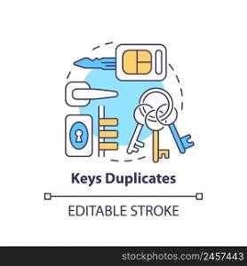 Keys duplicates concept icon. Things to pack for evacuation. Emergency go bag abstract idea thin line illustration. Isolated outline drawing. Editable stroke. Arial, Myriad Pro-Bold fonts used. Keys duplicates concept icon