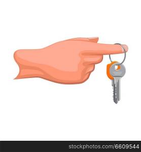 Keys hanging on forefinger of human hand flat vector isolated on white background. Man hand holding modern doors keys on keyring illustration for real estate, buying new apartment concepts