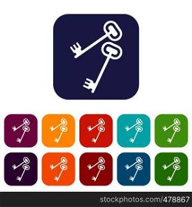Keys icons set vector illustration in flat style in colors red, blue, green, and other. Keys icons set