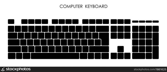 keys of wireless personal computer keyboard. Letters and symbols on buttons. Simple black and white vector isolated on white background