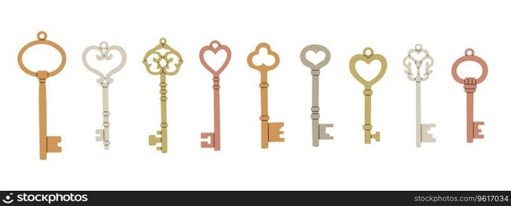 Keys vector set isolated on white background graphic clipart, flat cartoon icon modern silver and classic vintage golden old retro door keys. Vector illustration