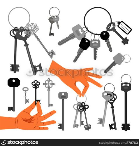 Keys with hands isolated on white background. Hand holding key vector illustration. Keys with hands isolated icons set