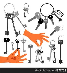 Keys with hands isolated on white background. Hand holding key vector illustration. Keys with hands isolated icons set