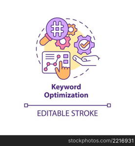 Keyword optimization concept icon. Advertising tool. SEO marketing trend abstract idea thin line illustration. Isolated outline drawing. Editable stroke. Arial, Myriad Pro-Bold fonts used. Keyword optimization concept icon