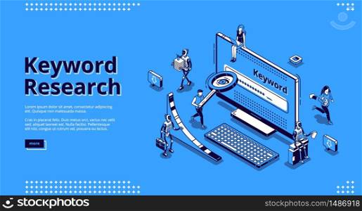 Keyword research isometric landing page. Seo keywording analysis tool. People and ai robots at huge pc monitor with long tail graph and magnifier. Optimization service 3d vector line art web banner. Keyword research seo tool isometric landing page