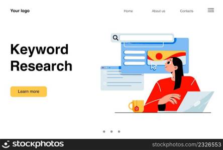 Keyword research landing page. Keywordist or copywriter girl with laptop using tools and services for seo optimization and content plan analysis in social media, Vector cartoon line art web banner. Keyword research landing page, keyworder work
