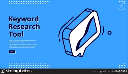 Keyword research tool banner with isometric chart on blue background. Vector landing page of SEO optimization service with line art graph of data analysis. Keyword research tool banner with isometric chart