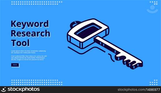 Keyword research tool banner with isometric icon on blue background. Vector landing page of SEO optimization service with line art key. Keyword research tool banner with isometric icon
