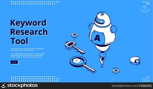 Keyword research tool banner with isometric icons on blue background. Vector landing page of SEO optimization service with line art robot, chatbot with artificial intelligence. Keyword research tool banner with isometric icons