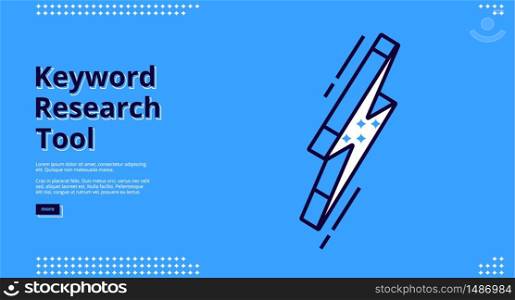 Keyword research tool blue banner with Isometric flash sign, background. Vector landing page of SEO optimization service with line art web design. Keyword research tool blank banner
