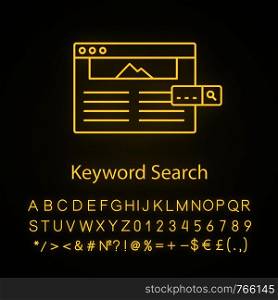 Keyword searching neon light icon. Open web page searching. Internet surfing. Website tags. Glowing sign with alphabet, numbers and symbols. Vector isolated illustration. Keyword searching neon light icon