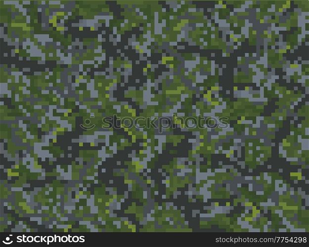 Khaki camouflage cubic background pattern with grass and grey stone blocks, vector pixel game 8bit pixels or computer game level for craft camo underground, camouflage cubic pattern. Khaki camouflage pixel cubic background pattern