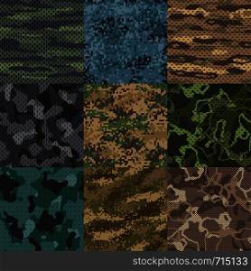 Khaki texture. Camouflage fabric seamless patterns, military clothes textures and army print. Abstract khaki camo soldier uniform texture, hunting uniforms vector pattern background set. Khaki texture. Camouflage fabric seamless patterns, military clothes textures and army print vector pattern background