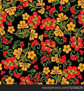 Khokhloma seamless pattern with berries and leaves on black background. Traditional Russian floral element. Design for textile. fabric, wallpaper. wrapping.. Khokhloma seamless pattern with berries and leaves on black background.