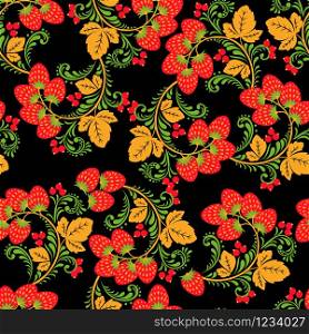 Khokhloma seamless pattern with berries and leaves on black background. Traditional Russian floral element. Design for textile. fabric, wallpaper. wrapping.. Khokhloma seamless pattern with berries and leaves on black background.
